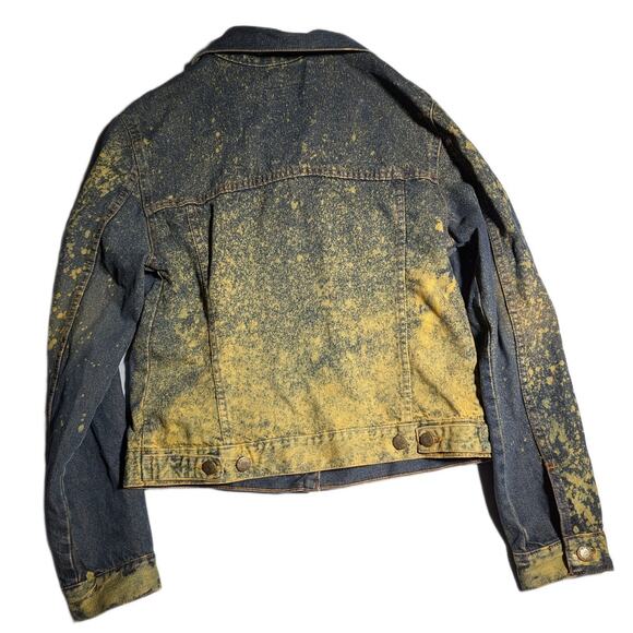Vtg Y2K Formula Blue Yellow Distressed Paint Splatter Cotton Denim Jacket 40 8 - Picture 2 of 5